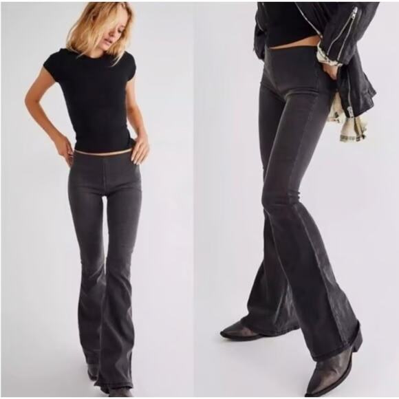 Free people black pull on penny lane denim size 26 flare bell bottoms - Picture 1 of 8
